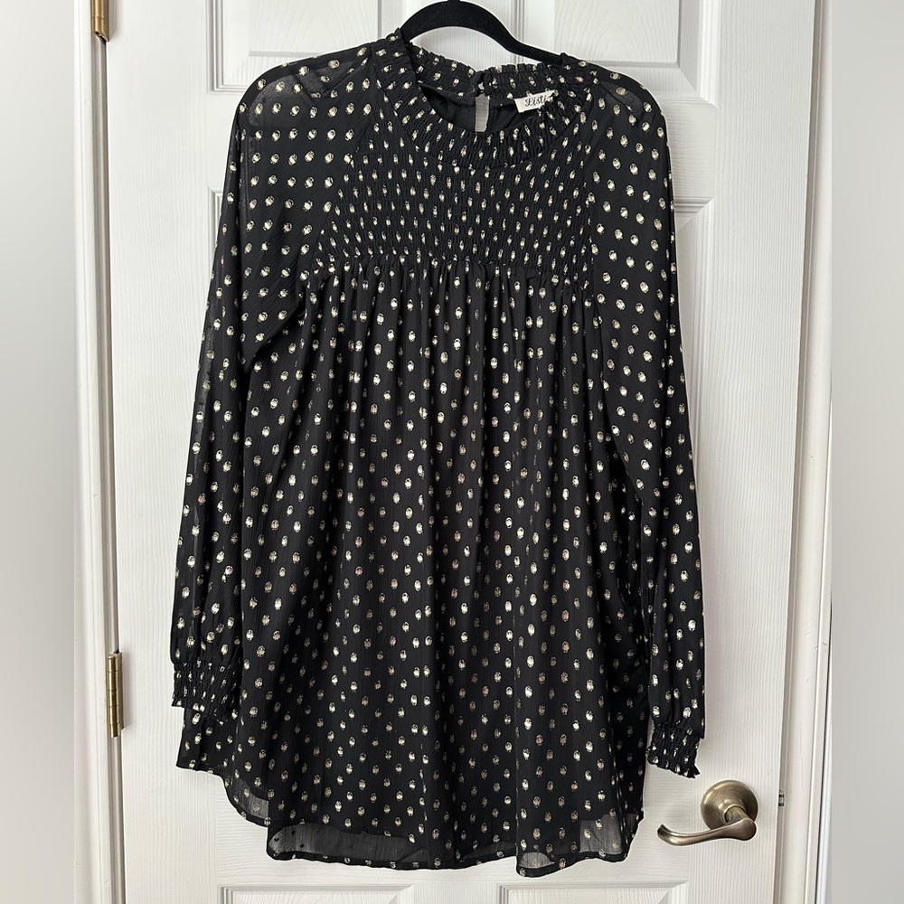 Black and Gold Polka Dot Long-Sleeve Swing Dress / Spring Dress for Work
